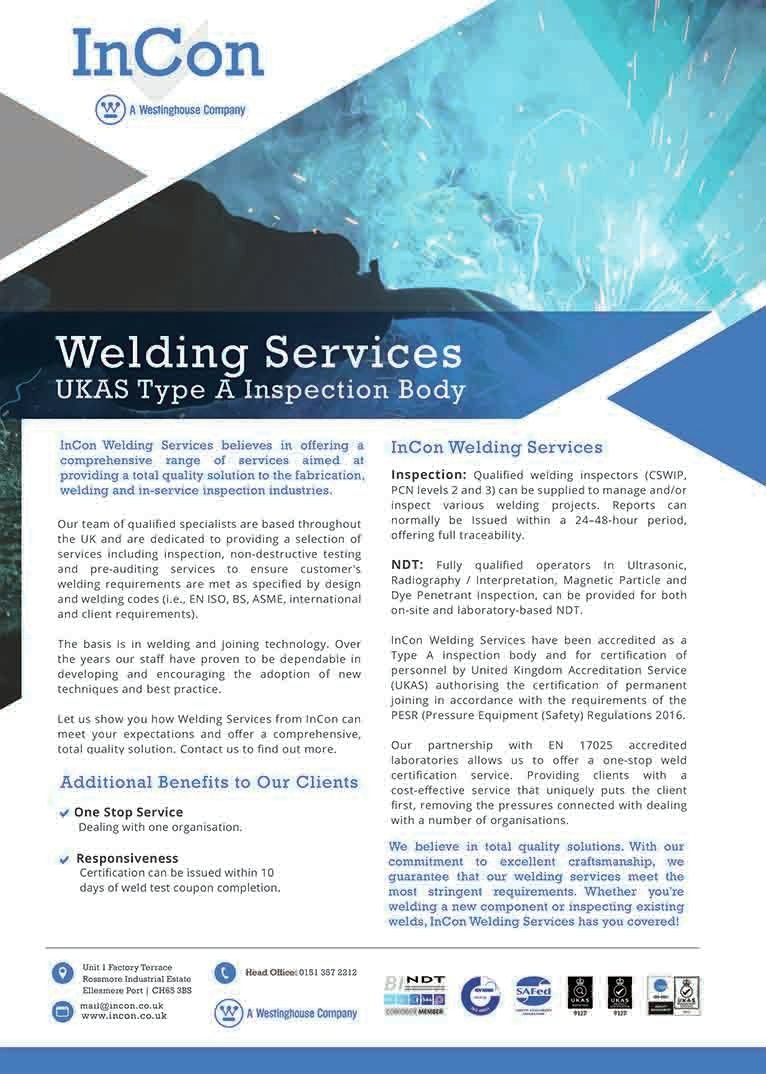 Flyer for InCon Welding Services: A UKAS Type A Inspection Body Services Offered: - Welding Inspection - Non-destructive Testing - Condition Monitoring - Tank Inspection Why Choose Us? - Professionally Trained Staff - Operator Qualification Additional Benefits for Clients: Enhance your project’s integrity with our comprehensive inspection and testing services. For further information and to take advantage of all our offerings, please contact us at [company contact details].
