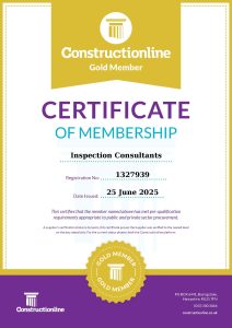 A Constructionline Gold Member certificate, showcasing accreditations, issued to Inspection Consultants with registration number 1327939 on 25 June 2025, displaying a gold seal at the bottom.