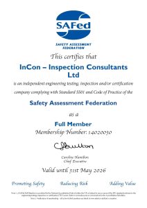 Certificate from the Safety Assessment Federation for InCon – Inspection Consultants Ltd, confirming full membership and accreditations valid until 31 May 2026, signed by Caroline Hamilton, Chief Executive.