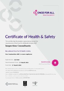 A Health & Safety certificate issued by Once For All to Inspection Consultants, demonstrating accreditations for non-construction firms with more than five employees, valid from 27 March 2025 to 27 March 2026.