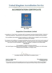 A UKAS Accreditation Certificate awarded to Inspection Consultants Limited, confirming their credentials and compliance with ISO/IEC 17020:2012. Signed by an accreditation manager, valid from 26 Feb 2016 to 10 Sep 2018.