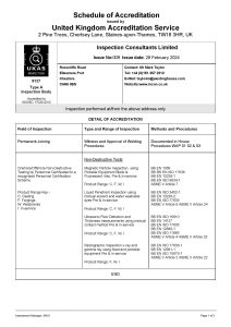 An accreditation schedule from the United Kingdom Accreditation Service for Inspection Consultants Limited, outlining inspection types, accredited tests, sites, and compliance standards.