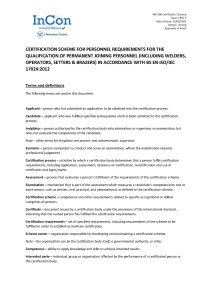 A document titled Certification Scheme for Personnel Requirements for the Qualification of Permanent Joining Personnel features definitions of terms such as applicant, candidate, examination, examiner, certification body, and Weld Procedures.