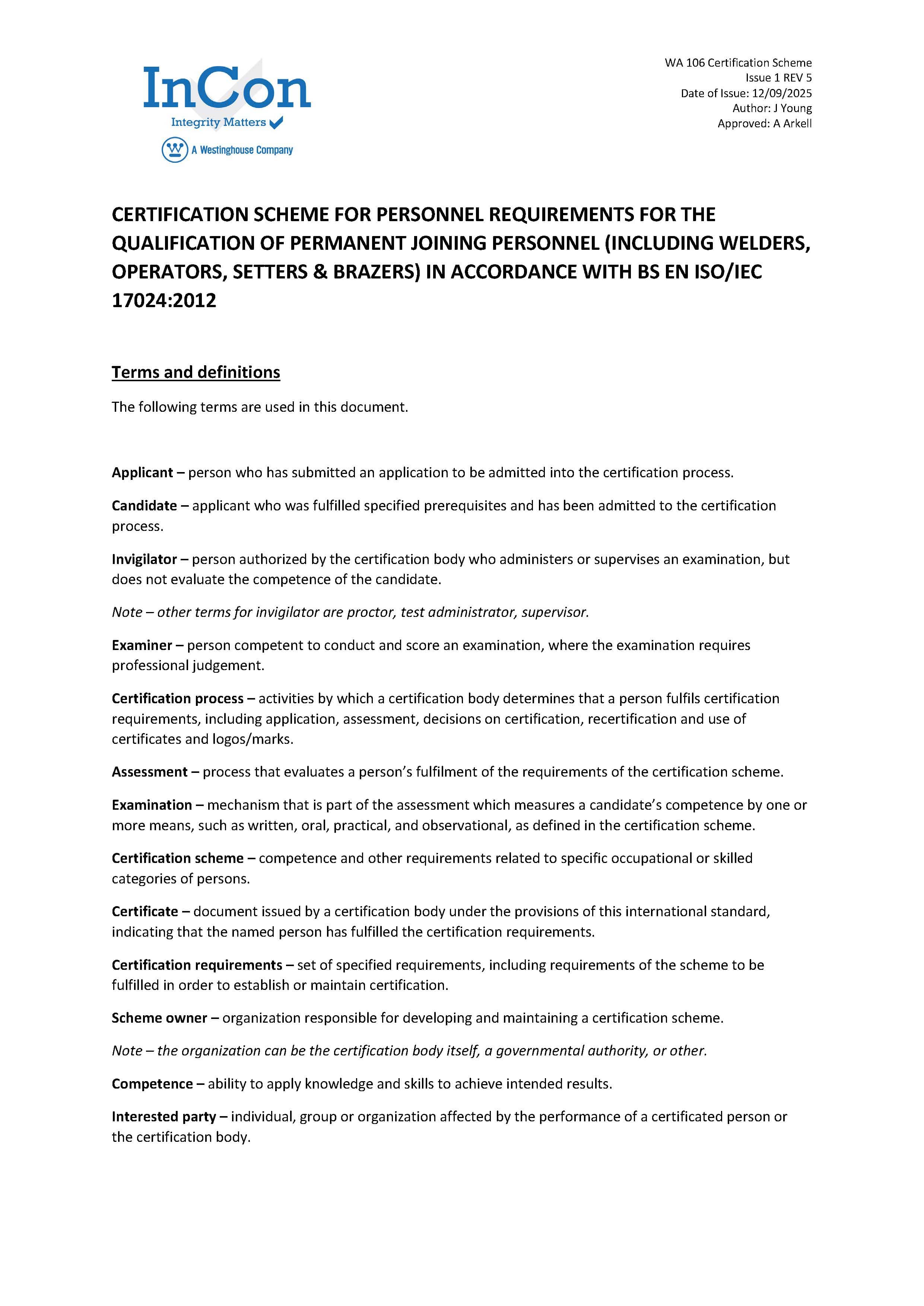 A document titled Certification Scheme for Personnel Requirements for the Qualification of Permanent Joining Personnel features definitions of terms such as applicant, candidate, examination, examiner, certification body, and Weld Procedures.