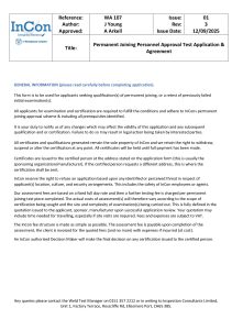 A document titled Permanent Joining Personnel Approval Test Application & Agreement from Incon Inspection Consultants. It features reference details, issue information, and guidance for applicants seeking certification.