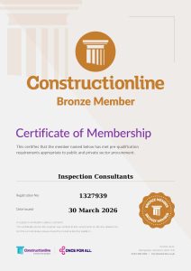 Bronze A certificate from Constructionline granting Bronze Member status to Inspection Consultants, registration number 1327939. The credential is valid until 30 March 2026 and displays a bronze badge icon.