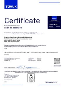 Cert 260506 45001 (002) A certificate from TÜV UK Limited presented to Inspection Consultants Ltd for BS EN ISO 45001:2018, verifying accreditations for management systems, featuring validity dates and authorised signatures.