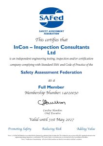 InCon 26-27 A certificate from the Safety Assessment Federation recognising InCon – Inspection Consultants Ltd’s full membership and accreditations, valid until 31 May 2027, signed by Chief Executive Caroline Hamilton.