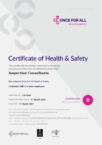 Once_For_All_Health_Safety_-_SSIP_ A certificate entitled Certificate of Health & Safety from Once For All Health & Safety, presented to Inspection Consultants, displaying their credentials with registration details, dates, and David Hornsby's signature.