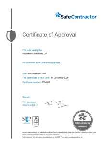 SC Certificate - 08122025_Page_1 Certificate of Approval for Inspection Consultants Ltd, displaying accreditations from SafeContractor. Valid from 8 December 2025 to 8 December 2026, signed by Tim Jackson, with logos and the SafeContractor Approved badge.