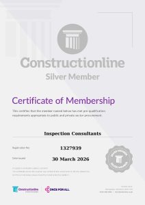 Silver A Constructionline certificate for Inspection Consultants Silver Membership, showing accreditations, registration number 1327939, and issue date 30 March 2026, with official logos and contact details underneath.