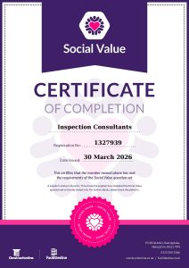 Social_Value A certificate of completion for Social Value, acknowledging Inspection Consultants’ accreditations, registration number 1327939, dated 30 March 2026, with logos and contact details at the bottom.