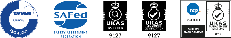 Six certification logos: TÜV NORD ISO 45001, SAFed, two UKAS 9127, and two ISO 9001 Quality Management with UKAS and NQA marks, all in blue, black and white colour schemes.
